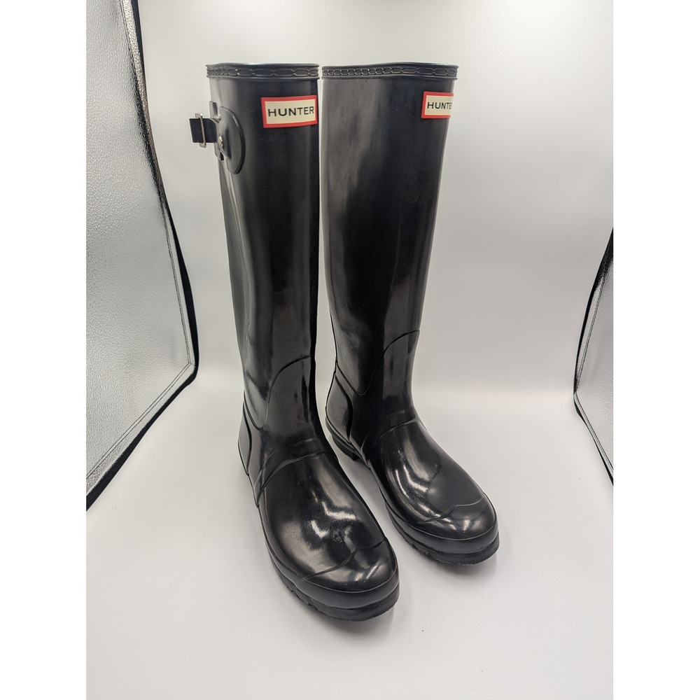Hunter Original Tall Gloss Rain Boots Black Glossy Waterproof 10 Women 8 Men 17"